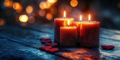 Warm glow of candles with heart decorations on a wooden table in cozy evening ambiance photo