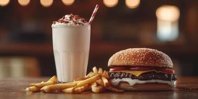 Classic diner meal featuring a cheeseburger with fries and a milkshake served in a vintage-style setting photo