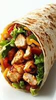 Delicious grilled chicken wrap filled with fresh vegetables and cheese served on a tortilla photo