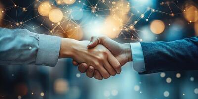 Business partnership formation between two professionals in a modern office setting during a networking event photo