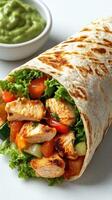 Delicious chicken wrap filled with fresh vegetables and creamy dip in a vibrant culinary setting photo