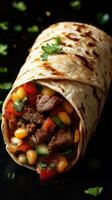 Delicious beef burrito wrapped in a warm tortilla with fresh vegetables and beans ready to enjoy photo