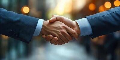Business professionals engage in a handshake to signify agreement in a modern urban setting during late afternoon photo