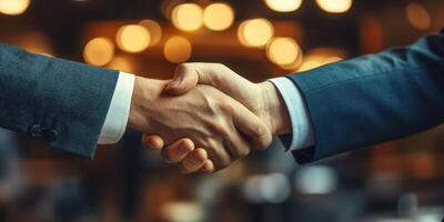 Handshake between two business professionals signaling agreement and collaboration in a modern office setting during the day photo