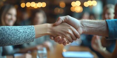 Business partners shake hands in a modern office space while colleagues celebrate a successful collaboration photo