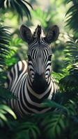 Striking zebra gazes through lush greenery in a vibrant jungle setting during the golden hour photo