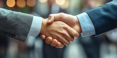 Professionals engaging in a handshake to signify agreement during a business meeting in a corporate environment photo