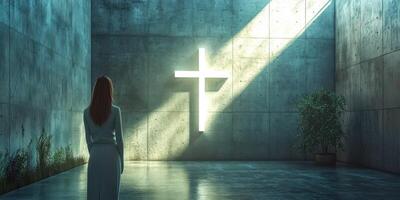 Individual contemplates spirituality in a serene, modern chapel illuminated by a cross at dawn photo