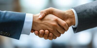 Business professionals shake hands in a corporate environment during a meeting to establish a partnership photo