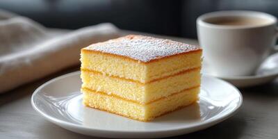 Deliciously layered yellow cake served with a cup of coffee in a cozy setting on a relaxed afternoon photo
