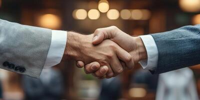 Business partners sealing a deal with a handshake in a contemporary office setting during daytime photo