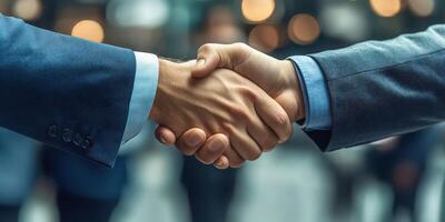 Business professionals engaging in a handshake during a networking event in a modern office setting photo