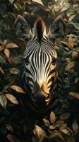 Zebra emerging from dense foliage in a serene natural habitat at dusk photo
