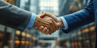 Business professionals engage in handshake in modern office building during daytime meeting in corporate environment photo