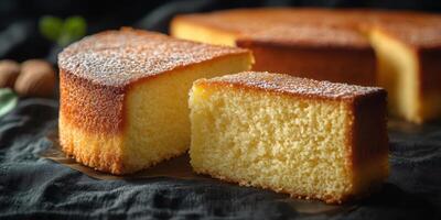 Delicious golden sponge cake on a dark background with a slice cut revealing its fluffy texture and moist interior photo