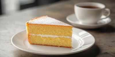 Delicious slice of yellow cake served with a cup of coffee in a cozy cafe setting photo