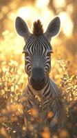 Zebra standing in a golden field at sunset displaying striking stripes and calm demeanor photo