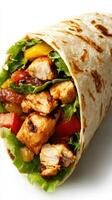 Delicious grilled chicken wrap filled with fresh vegetables and flavorful sauce ready to enjoy at lunchtime photo