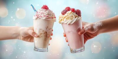 Sweet celebration with two milkshakes topped with whipped cream and berries held by cheerful hands on a festive background photo