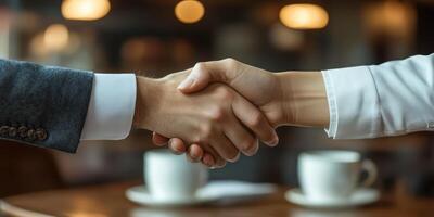Business professionals engaging in a handshake during a coffee meeting in a modern cafe setting photo