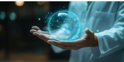 Scientist holds glowing sphere representing advanced technology and innovation in a modern lab environment photo