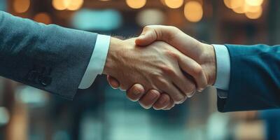 Business partners shake hands in agreement to celebrate a successful deal in a modern office setting photo