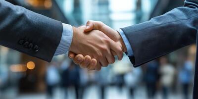 Professionals engage in a handshake in a modern office building during a business meeting photo