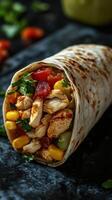 Freshly wrapped chicken burrito with colorful vegetables and herbs prepared for a flavorful meal photo