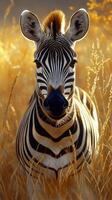 Close view of a zebra in golden grassland during sunset in the African savanna photo