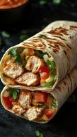 Grilled chicken burrito filled with fresh vegetables and herbs perfect for a quick meal or snack at lunchtime photo