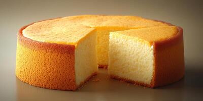 Delicious fluffy cake with a perfectly sliced piece revealing its soft texture photo