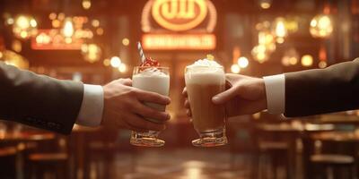 Two people clinking glasses filled with creamy beverages in a cozy bar setting during evening hours photo