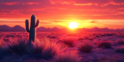 Vibrant sunset over a desert landscape with a solitary cactus silhouetted against colorful skies in the late evening photo