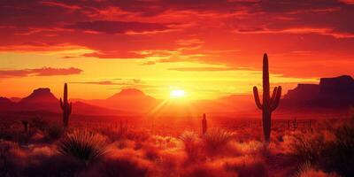 Breathtaking sunset in a desert landscape with cacti and mountains creating a picturesque scene photo