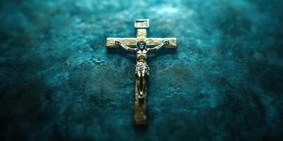 Detailed depiction of a metallic crucifix with Christ on display on a textured surface illuminated by soft light photo