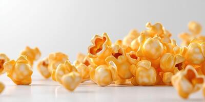 Freshly popped corn kernels arranged artistically on a light background showcasing their fluffy texture and buttery color photo