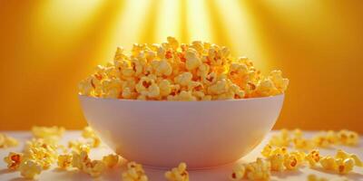 Popcorn in a bowl glowing under bright light, perfect for movie nights and gatherings photo