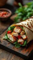Grilled chicken wrap with fresh vegetables and salsa served on a rustic wooden table photo