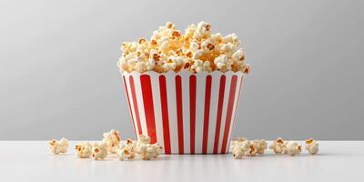 Freshly popped popcorn in a striped container on a table, perfect for movie night snacks photo