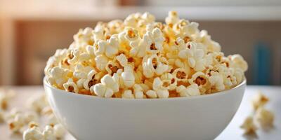 Deliciously fluffy popcorn served in a white bowl on a cozy kitchen counter photo