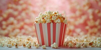 Freshly popped popcorn in a striped container surrounded by scattered kernels in a cheerful setting photo
