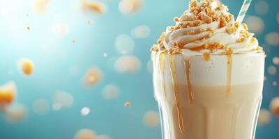 Creamy beverage topped with whipped cream and caramel drizzles in a vibrant setting photo