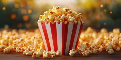 Popcorn in a striped container with scattered kernels on a wooden surface during sunset photo