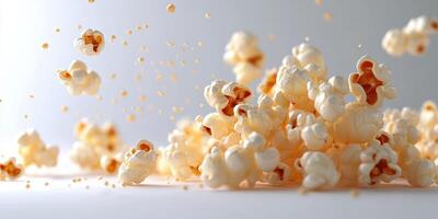 Popcorn kernels burst into fluffy white clouds in a dynamic display creating a playful snack atmosphere photo