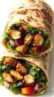 Delicious grilled chicken wraps filled with fresh vegetables and served on warm flatbread photo