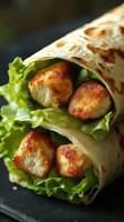 Delicious grilled chicken wraps filled with fresh lettuce served on a black plate photo