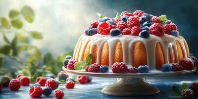 Delicious berry topped bundt cake displayed on a pedestal at a cozy kitchen setting photo