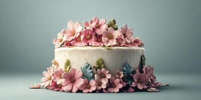 Delicate cake decorated with pink flowers and green leaves in a subtle pastel setting photo