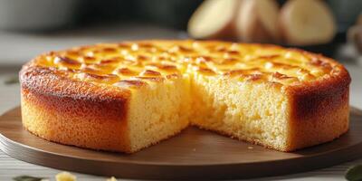 Delicious homemade cake with golden crust and moist interior served on a wooden board photo