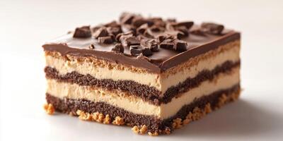 Delicious layered dessert with chocolate and creamy filling served on a light background photo